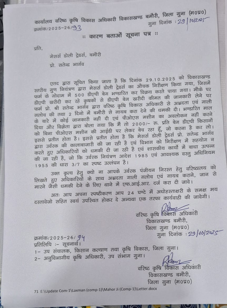 गुना कृषि विभाग के काले कारनामे, नोटिस का खेल